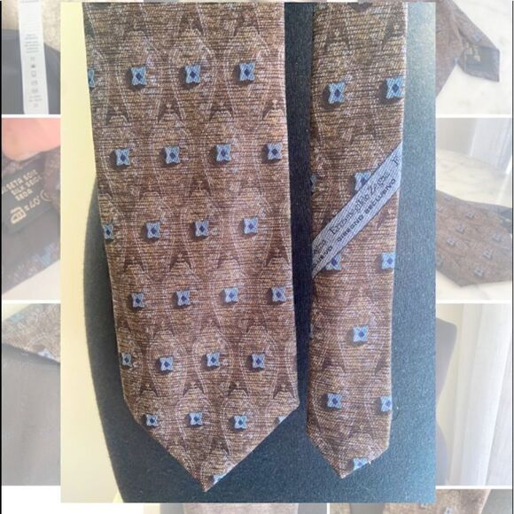 ERMENEGILDO ZEGNA Brown with Blue Grey Accents Recent Tie - Picture 3 of 11